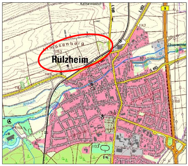 Ortsplan von Rülzheim mit Markierung Südhang Ortsplan von Rülzheim mit Markierung Südhang