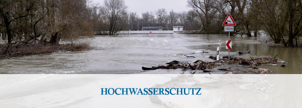 Headergrafik des überfluteten Rheinvorlands mit Text: "Hochwasserschutz"