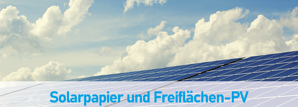 Headergrafik mit PV-Anlagen und Text "Solarpapier"