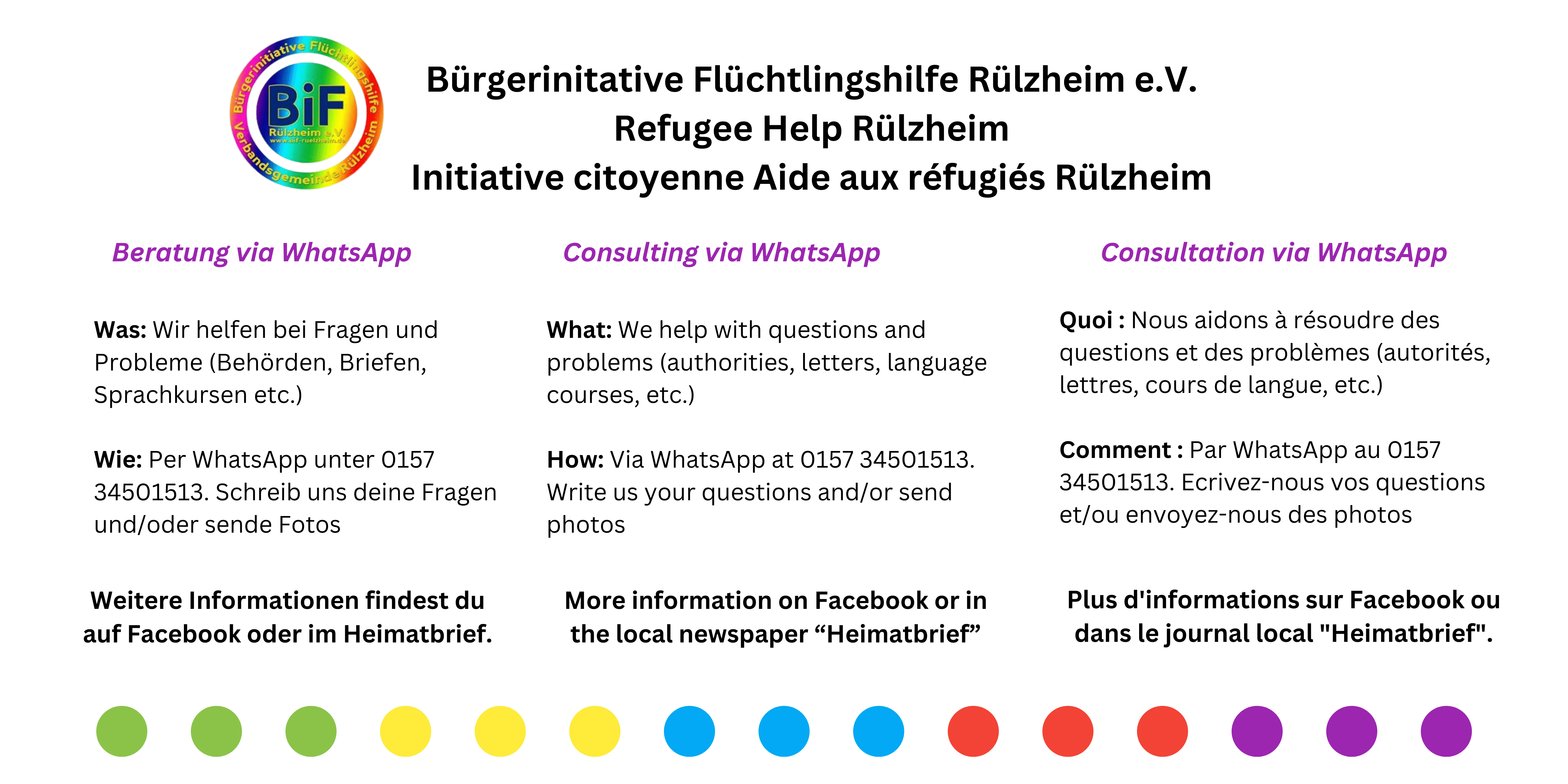 Flyer mit Angaben zum Flüchtlingsbüro in mehreren Sprachen