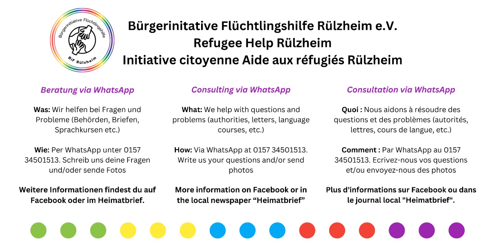Flyer mit Angaben zum Flüchtlingsbüro in mehreren Sprachen
