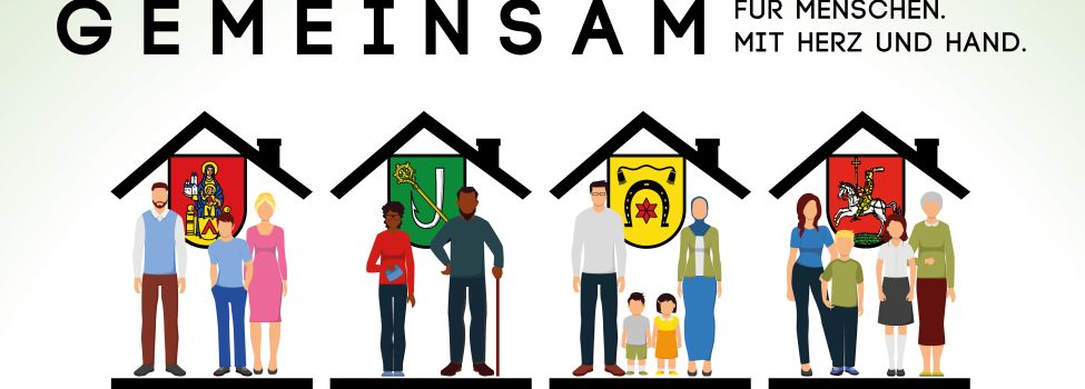 Grafik mit Wappen der vier Ortsgemeinden und dem Text "Gemeinsam für Menschen. Mit Herz und Hand."