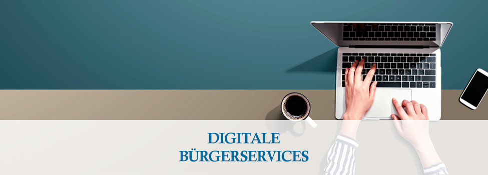Grafik, die eine Kaffeetasse, einen Laptop und ein Smartphone zeigt, mit dem Text: "Digitale Bürgerservices"