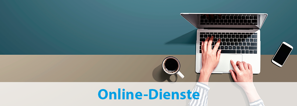 Grafik, die eine Kaffeetasse, einen Laptop und ein Smartphone zeigt, mit dem Text: "Online-Dienste"
